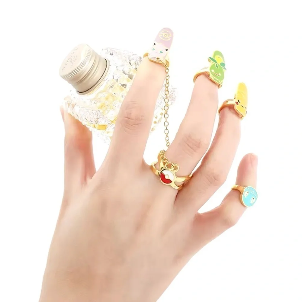 Gold Tone Pokemon Nail Rings Set Jiggly Puff, Squirtle, Pikachu, Smoliv Pokeball